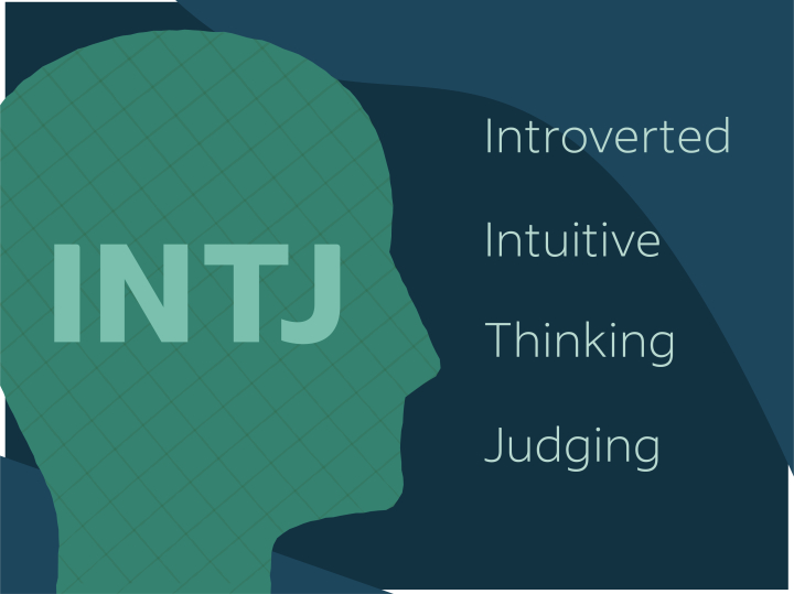 Outlined profile of a human head with traits listed vertically; an illustration of INTJ personality type attributes.