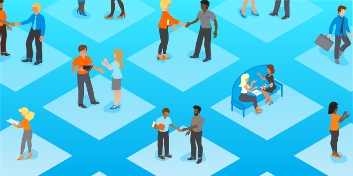 An illustration of groups of two people meeting, chatting or shaking hands at a networking event.