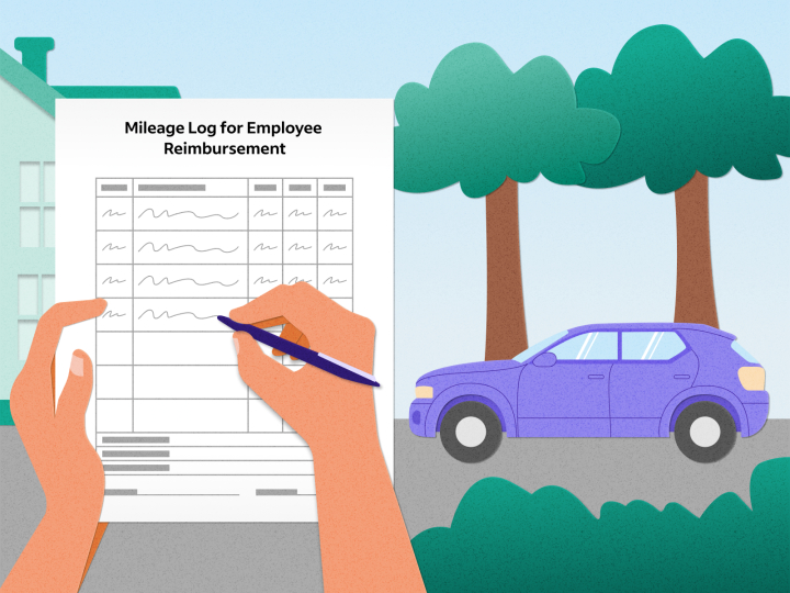 An illustration showing two hands holding a piece of paper on the left with the words "Mileage Log for Employee Reimbursement" at the top of a table. One hand writes on it with a pen. A purple car with two trees behind it is pictured in the right of the image.