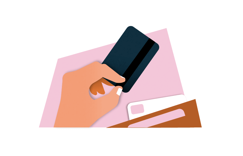 Illustration einer Hand, die eine Kreditkarte aus einer Brieftasche nimmt.