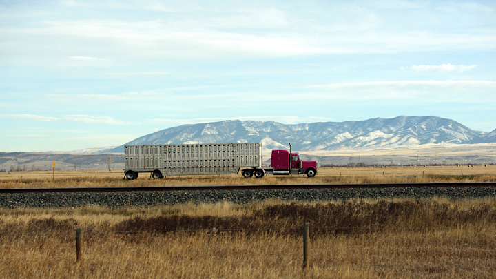 An 18-wheeler truck drives on a rural road with a mountainscape in the background.