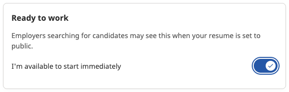 A screenshot of the ready-to-work toggle on Indeed.com.