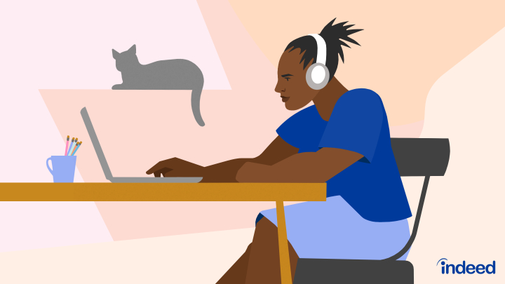 A person sits at a desk wearing headphones and working on a laptop, with a cat sitting nearby.
