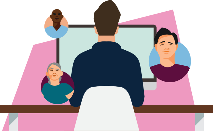 An illustration showing the back of an employee sitting in front of a computer with three circle icons of different people in a remote setting