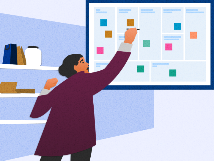 Illustration depicting a person filling out a business model canvas on a large board.