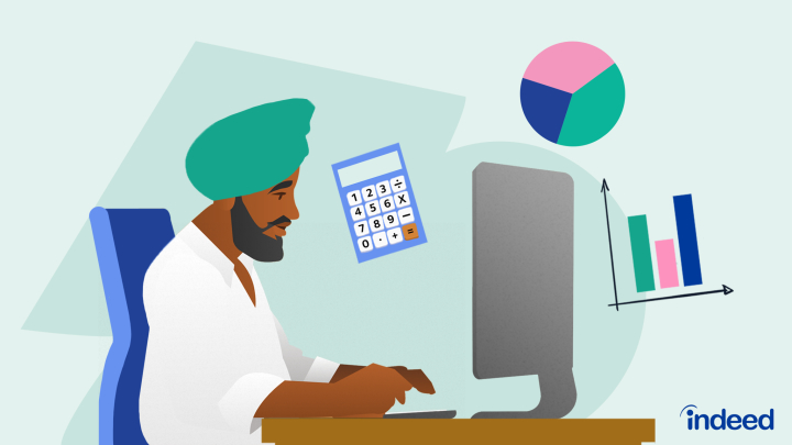 A man sits working at a computer with icons of a calculator, a pie chart, and a bar graph floating nearby.