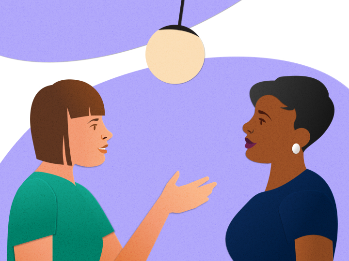 An illustration of one person talking to another person.