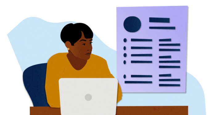 Illustration of a person sitting at a desk and using a laptop, with a representation of a resume magnified at their side.