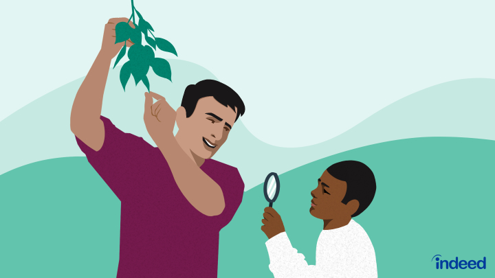 A teacher holds a plant, showing it to a student who looks at it with a magnifying glass.