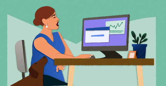 Illustration of a woman working at a desk with a computer monitor