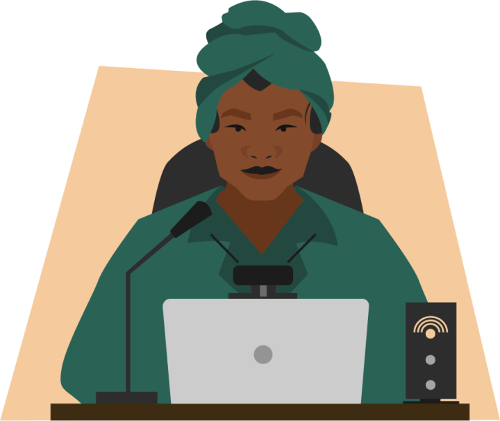 Illustration of a person sitting in front of their laptop and an external mic, ready for a virtual interview or meeting.