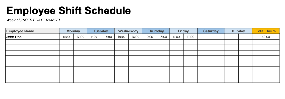 Employee Schedule Template With Total Hours