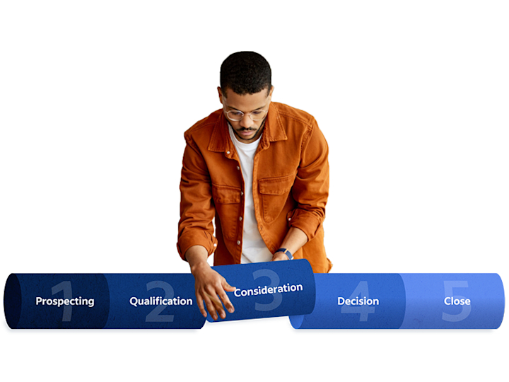 A person connecting the stages of a sales pipeline.