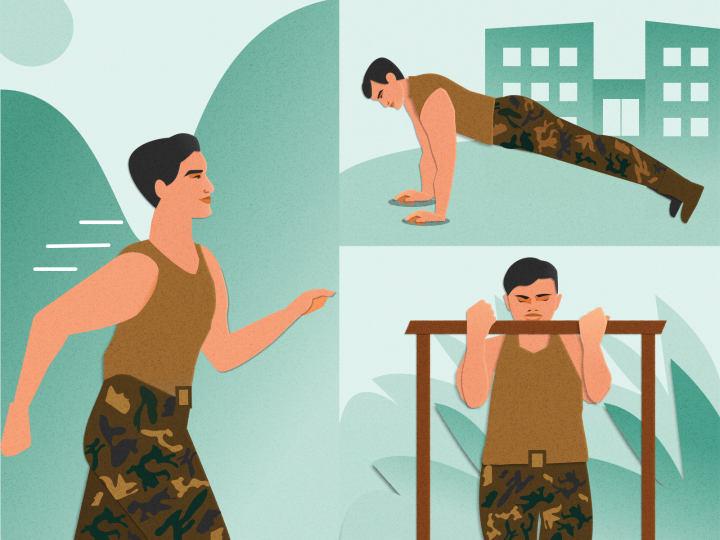 Three illustrations show a Navy seal running and doing push-ups and pull-ups.