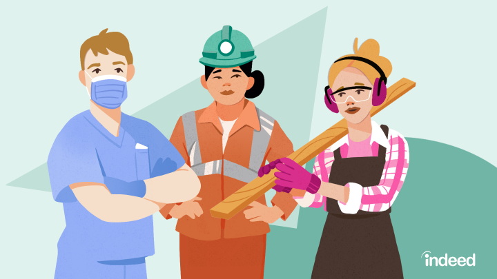 A group of employees who work in different industries, including one in a surgical mask and scrubs that shows health care. One with a hard hat that shows the construction industry and one carrying supplies with safety goggles.
