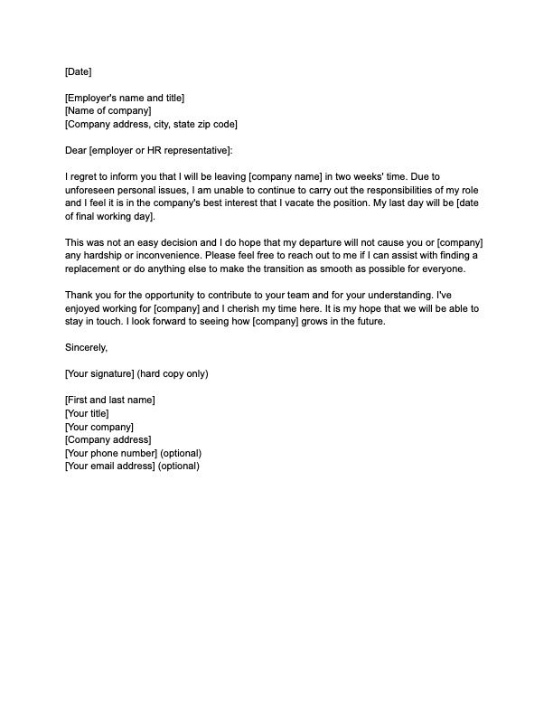 Resignation Letter Example Template