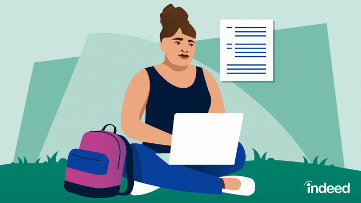 A woman sits cross-legged on the grass with a backpack next to her. She types on a laptop, with an illustration of a cover letter floating next to her.