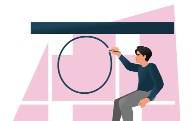 Illustration of a person sitting on a bench and drawing a perfect circle.