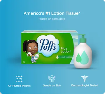Plus Lotion key benefits: air-fluffed pillows, is gentle on skin, and dermatologist tested. Puffs Plus Lotion is America's #1 lotion tissue based on sales data.