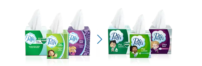Previous Puffs Plus Lotion, Ultra Soft and Plus Lotion with the Scent of Vicks   box branding next to new box branding