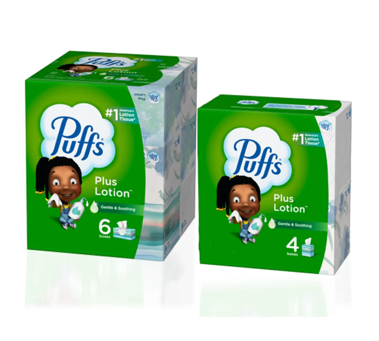 Puffs Plus Lotion multi-packs showing an example of our box designs