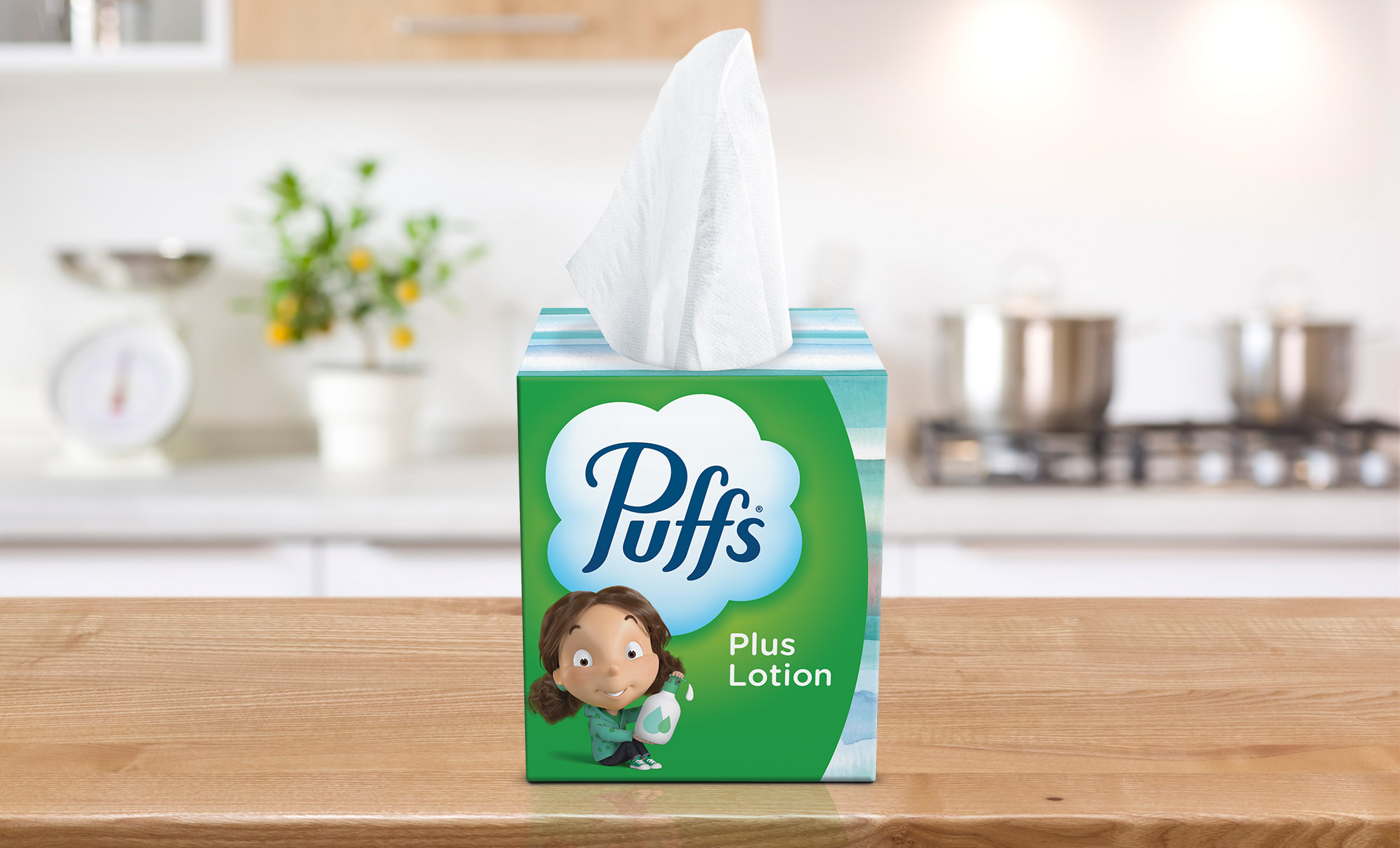 Woman wipes her runny nose with puffs plus lotion