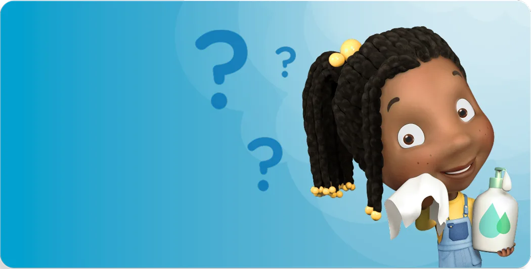Puffs Pal Theo blowing nose next to an array of question marks Puffs Pal Theo blowing nose next to an array of question marks