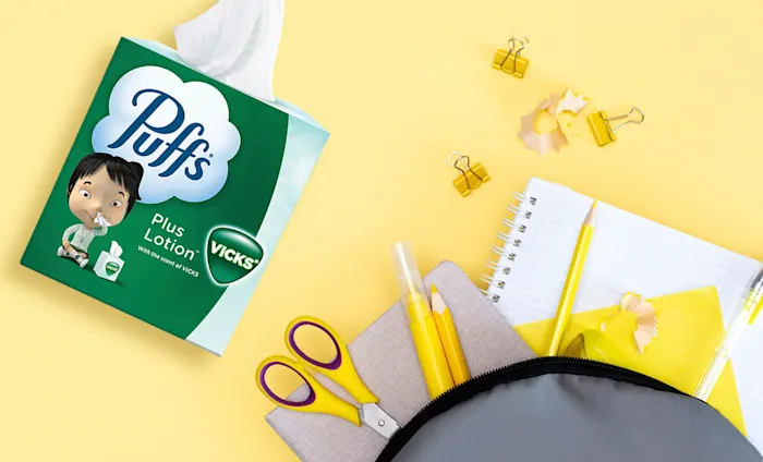 Puffs Plus Lotion with the Scent of Vicks pack and school supplies to include in care package