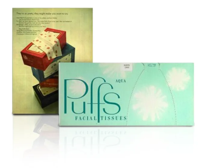 Print advertisement and Puffs facial tissue box from the 1960s