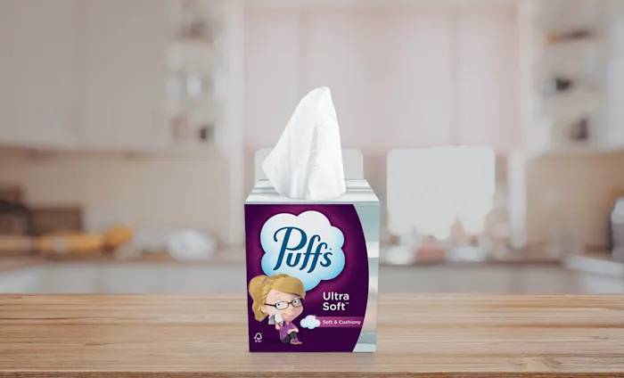 Puffs Ultra Soft box on a kitchen counter