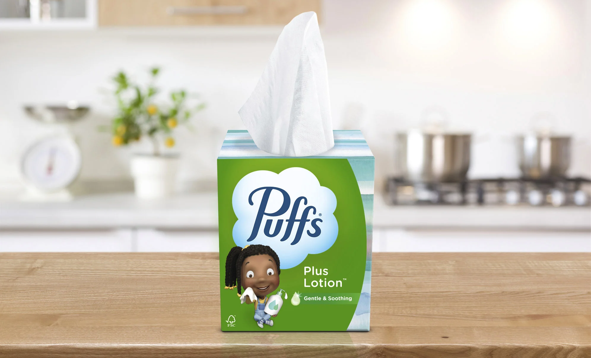 Puffs Plus Lotion on kitchen counter