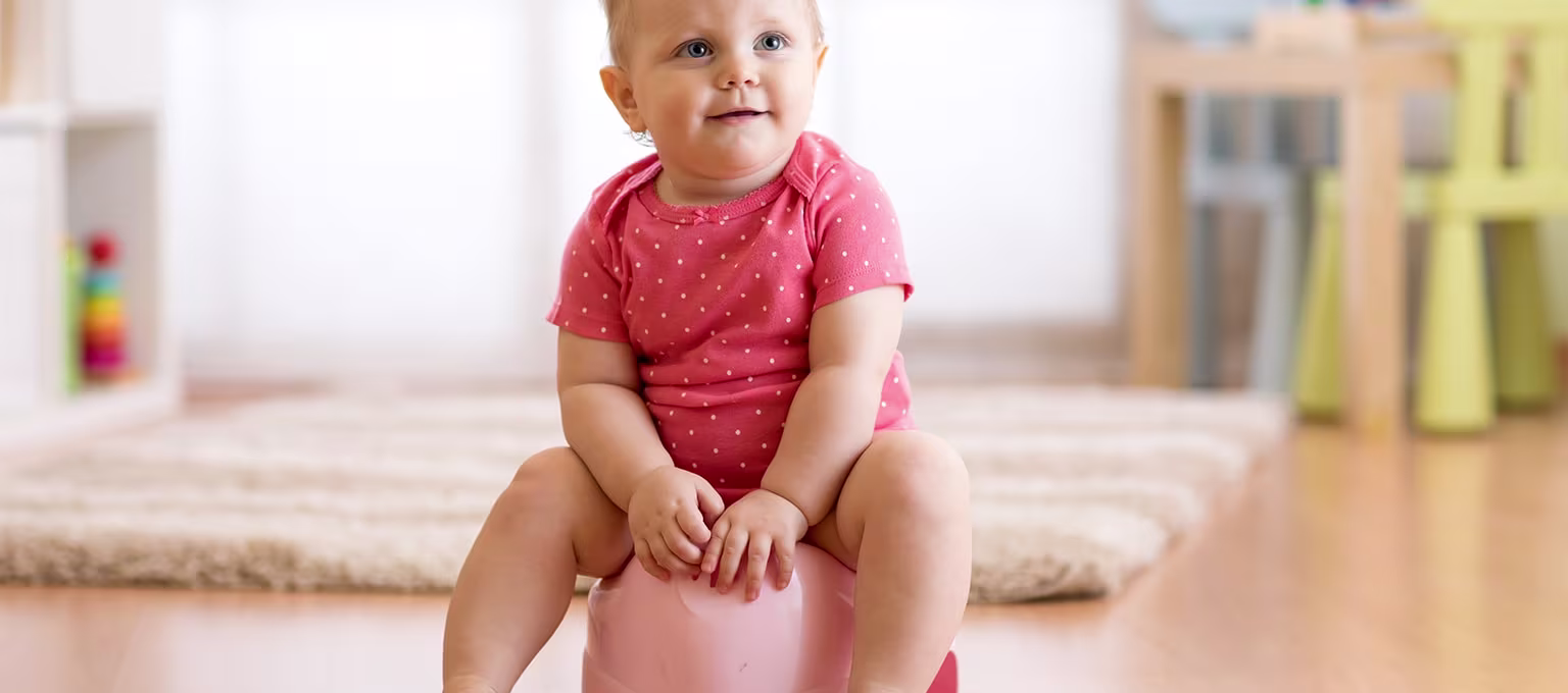 A toddler sitting on a pink potty
