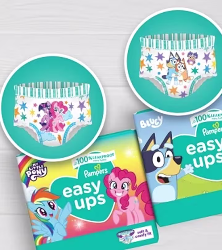 The image shows Pampers Easy Ups training pants with My Little Pony and Bluey characters.