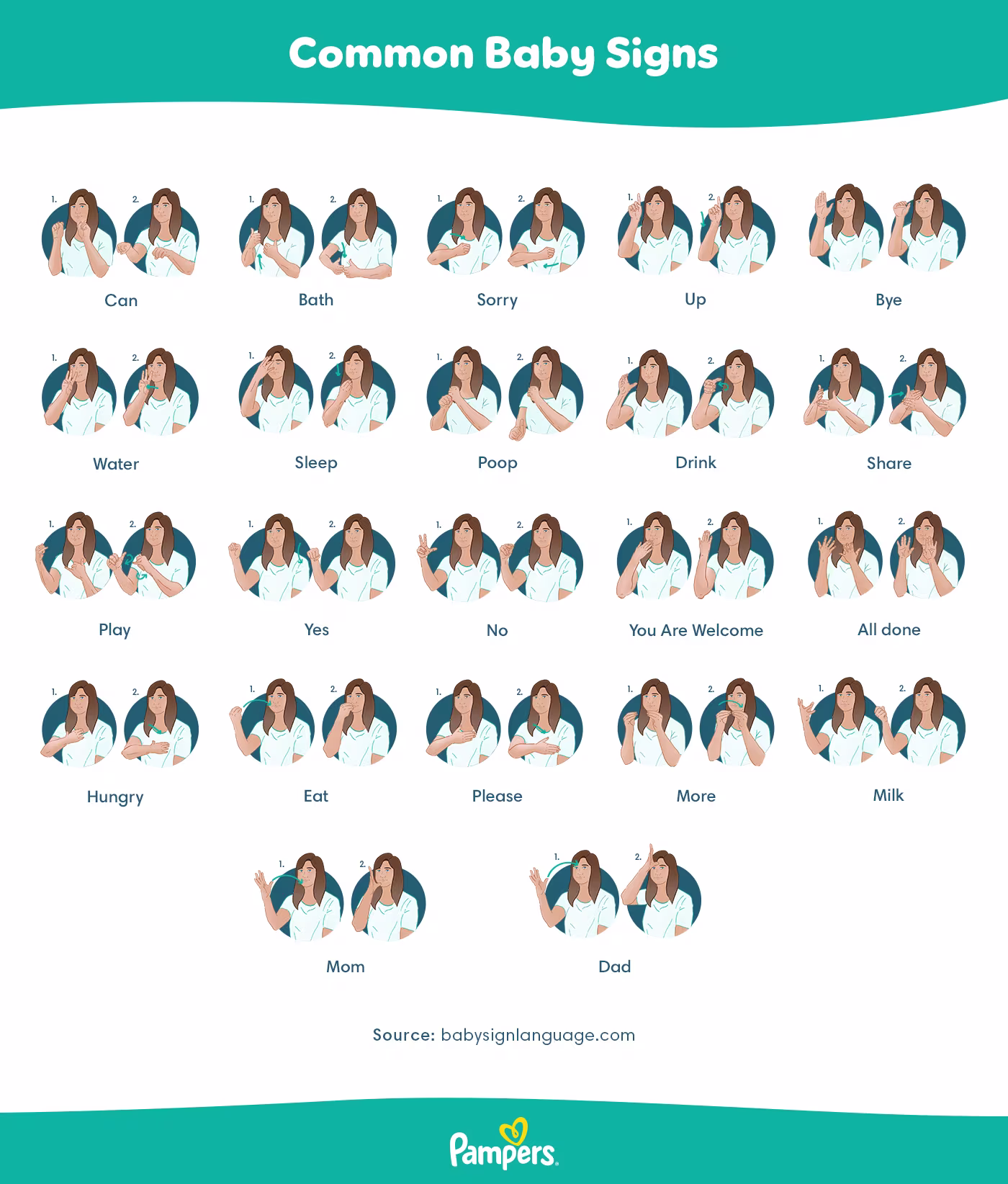 Infographic with 20 common baby signs: Can, Bath, Sorry, Up, Bye, Water, Sleep, Poop, Drink, Share, Play, Yes, No, You Are Welcome, All Done, Hungry, Eat, Please, More, Milk, Mom, and Dad.