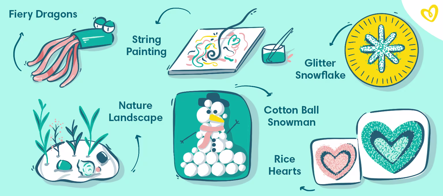 Illustration of sensory toddler crafts: Fiery Dragons, String Painting, Glitter Snowflake, Nature Landscape, and more.