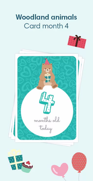 Printed cards to celebrate your baby's birth. Decorated with happy motifs includinga sweet woodlnad bear holding a present, and a celebration note:4 months old today!