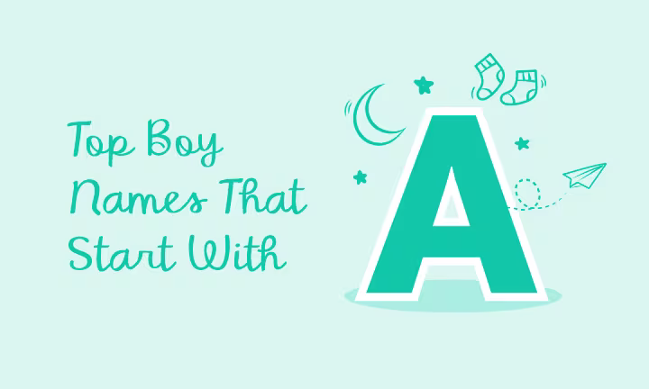 Top boy names starting with "A" alongside playful baby-themed illustrations.