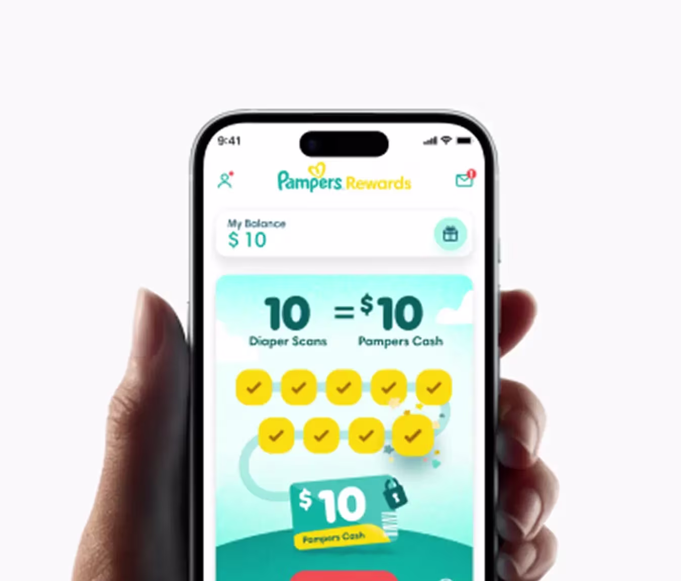 Mano sosteniendo un teléfono que muestra la pantalla de inicio de la app de recompensas de Pampers