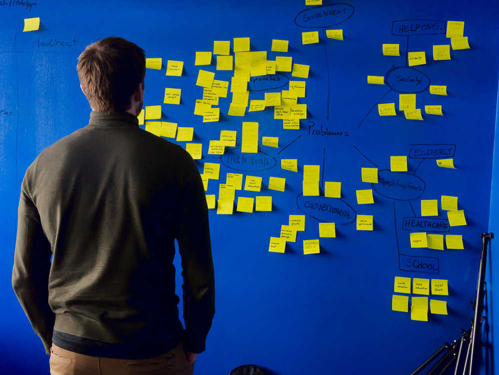 man standing in front of wall with a web diagram and sticky notes on it