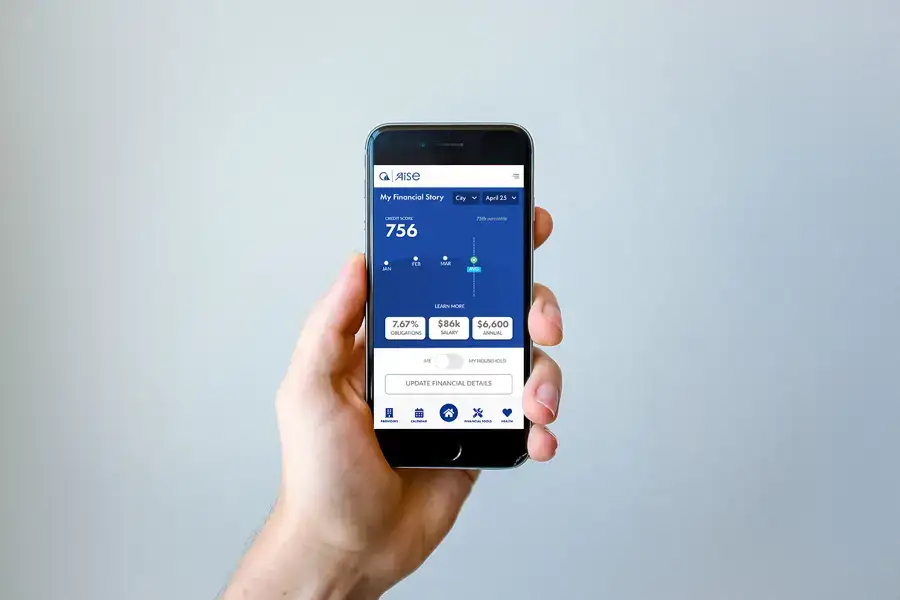 A smartphone displaying a custom mobile app Moonello crafted for our client Aise.