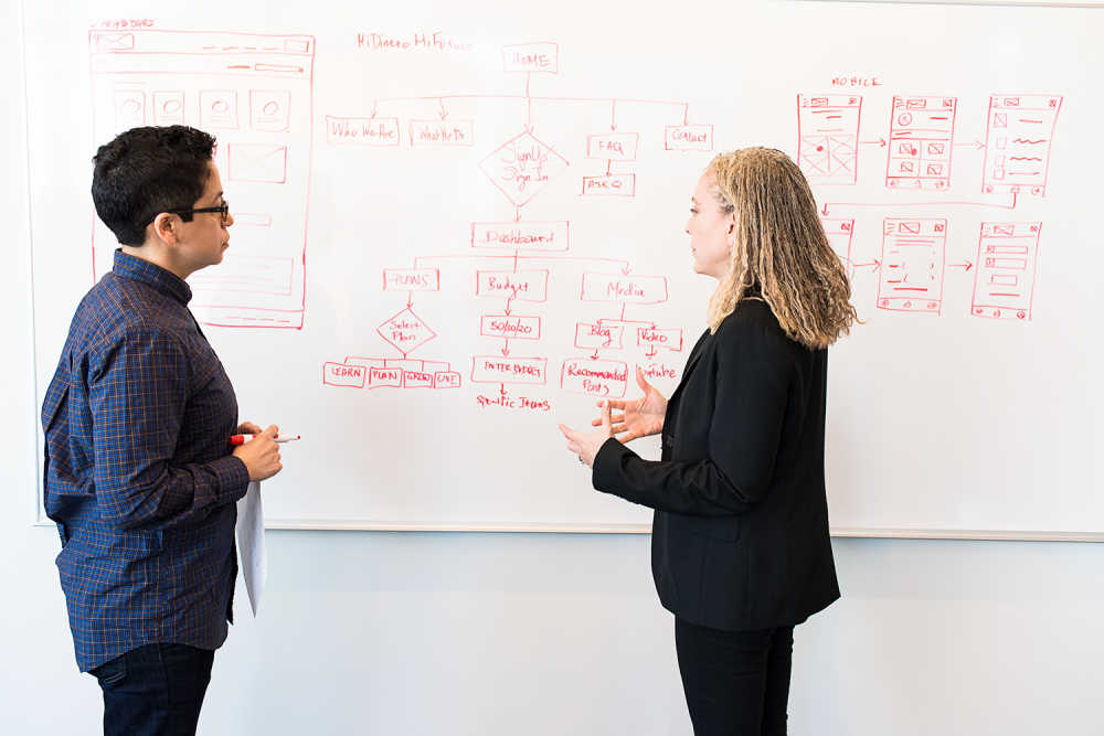 two women discussing plans in front of a whiteboard