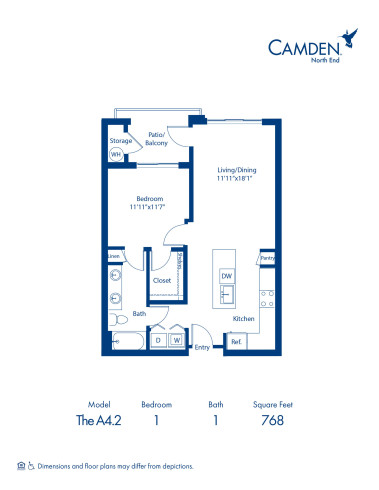 Camden North End apartments in Phoenix, Arizona one bedroom, one bathroom floor plan A4.2