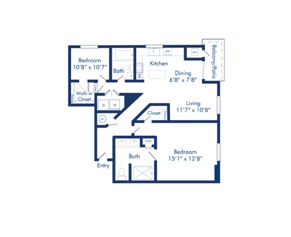 Blueprint of Miro floor plan, 2 bedroom and 2 bathroom apartment home at Camden Pier District Apartments in St. Petersburg, FL