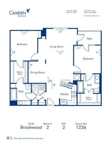 Blueprint of Brookwood Floor Plan, 2 Bedrooms and 2 Bathrooms at Camden Brookwood Apartments in Atlanta, GA