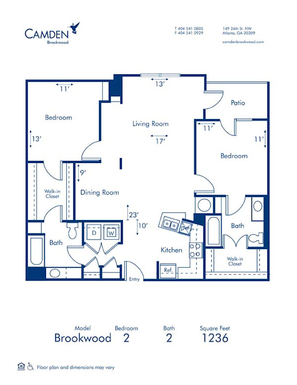 Blueprint of Brookwood Floor Plan, 2 Bedrooms and 2 Bathrooms at Camden Brookwood Apartments in Atlanta, GA
