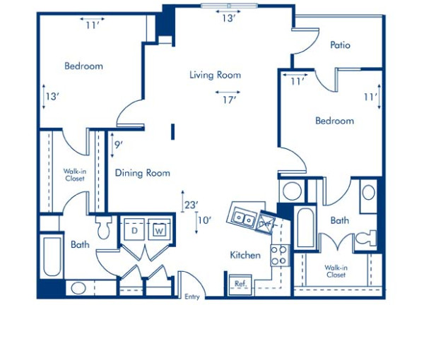 Blueprint of Brookwood Floor Plan, 2 Bedrooms and 2 Bathrooms at Camden Brookwood Apartments in Atlanta, GA