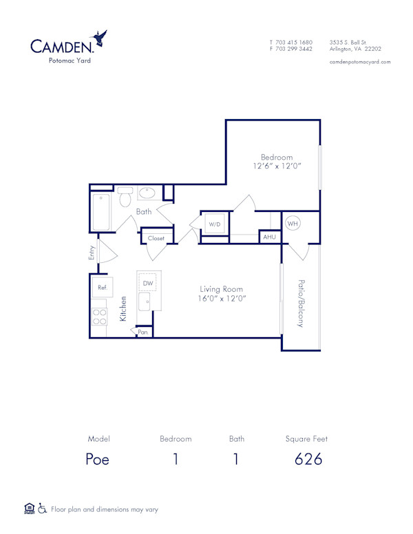 Blueprint of Poe Floor Plan, 1 Bedroom and 1 Bathroom at Camden Potomac Yard Apartments in Arlington, VA