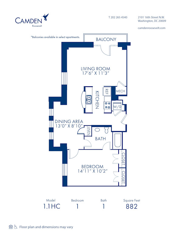 Blueprint of 1.1HC Floor Plan, 1 Bedroom and 1 Bathroom at Camden Roosevelt Apartments in Washington, DC