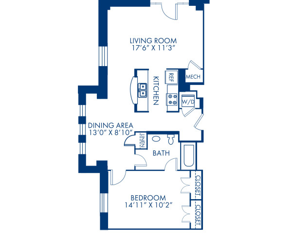 Blueprint of 1.1HC Floor Plan, 1 Bedroom and 1 Bathroom at Camden Roosevelt Apartments in Washington, DC