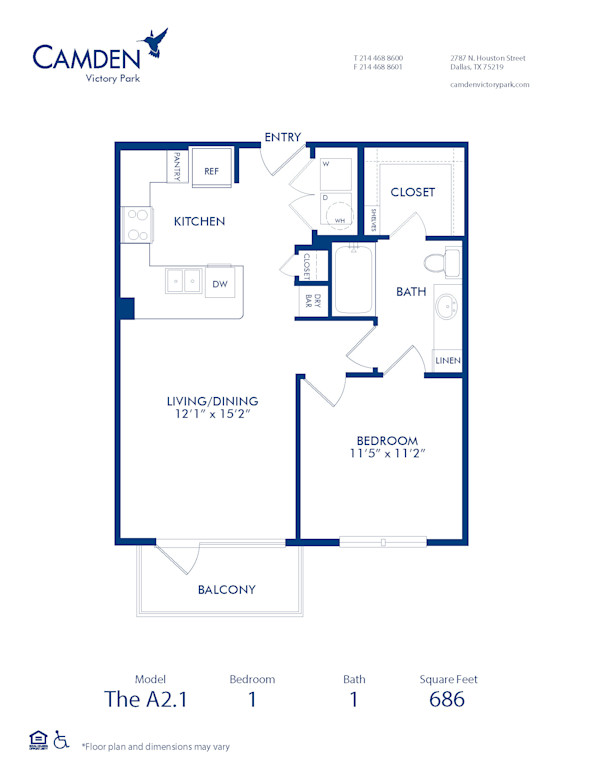   Blueprint of A2.1 Floor Plan, 1 Bedroom and 1 Bathroom at Camden Victory Park Apartments in Dallas, TX